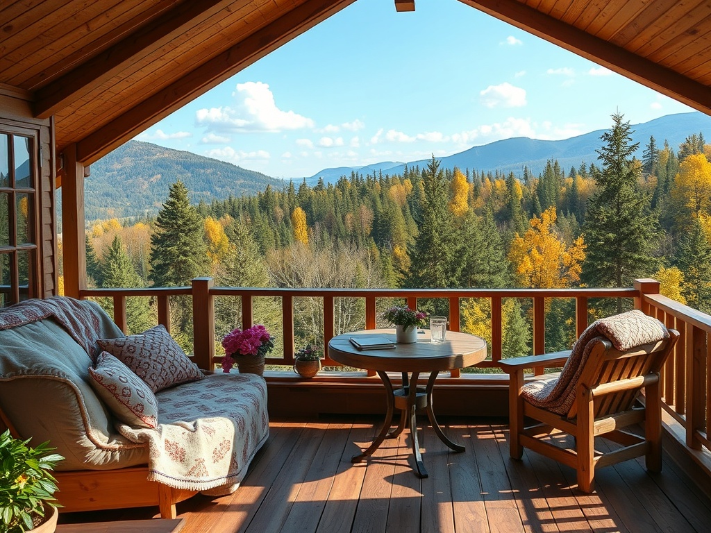 Уютный балкон с сиденьем и столом, открывающий вид на живописные горы и леса в осенних оттенках.