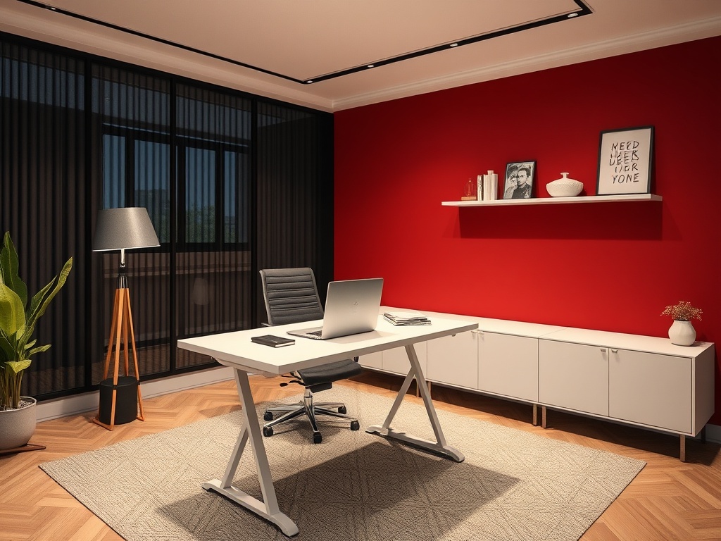 Современный офис с красной стеной, белым столом, стулом и зелёным растением. Мягкий свет от лампы.
