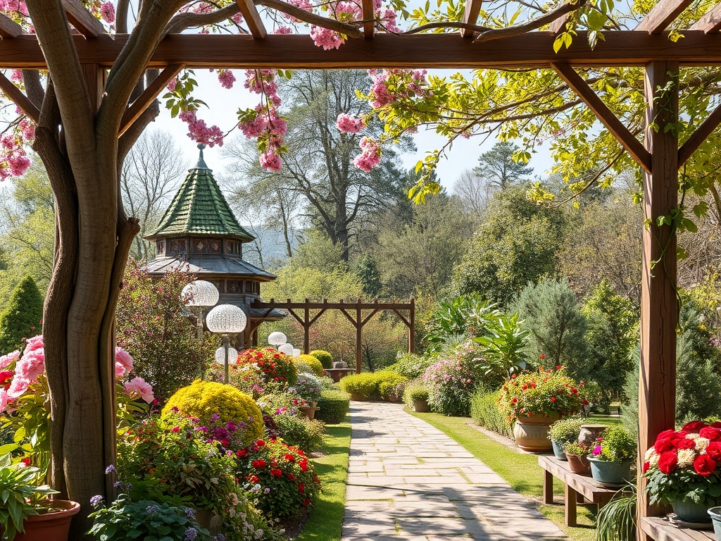 Солнечный сад с цветами, беседкой и дорожкой, украшенной зеленью и яркими растениями.