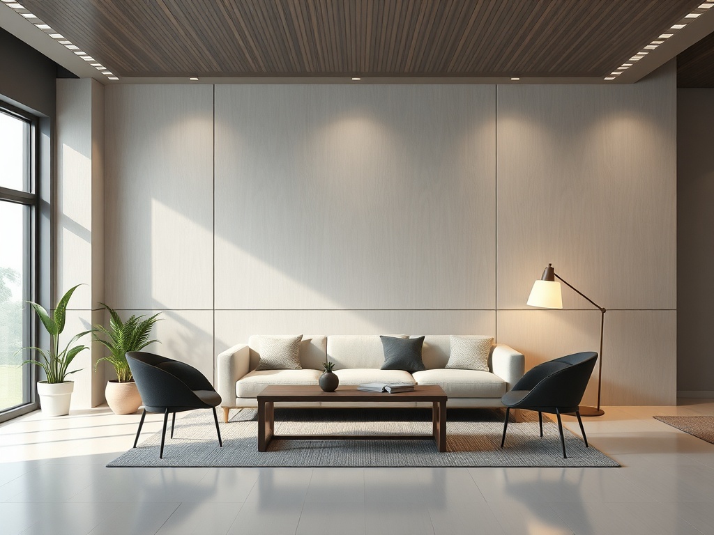 Современный интерьер с диваном, креслами, кофейным столиком и растениями у окна. Light and spacious atmosphere.