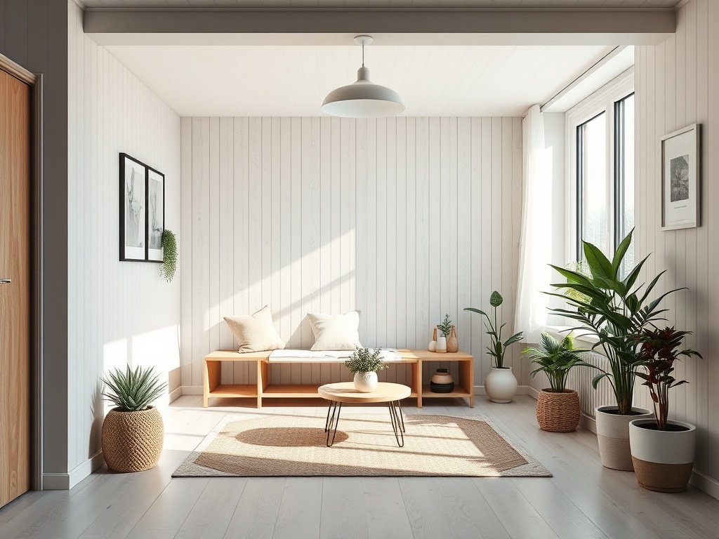 Светлая комната с уютным диваном, растениями и стильной мебелью, создающая атмосферу спокойствия.